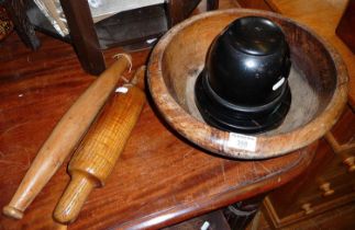 Turned wood fruit bowl, Chinese black lacquered and glass dome dice shaker, two wooden rolling