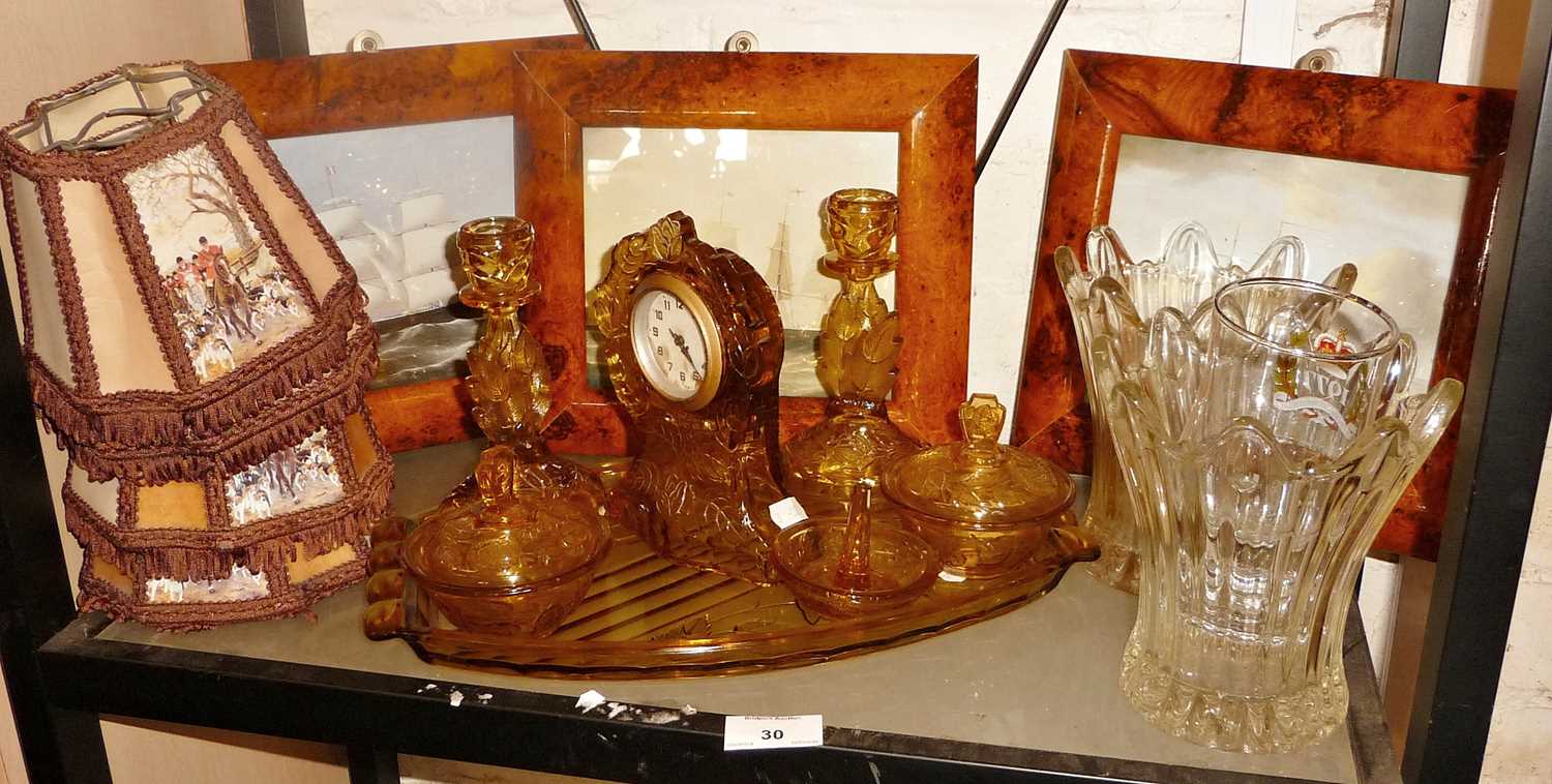 1930s amber glass dressing table set with clock, other glass and three prints - Image 2 of 2