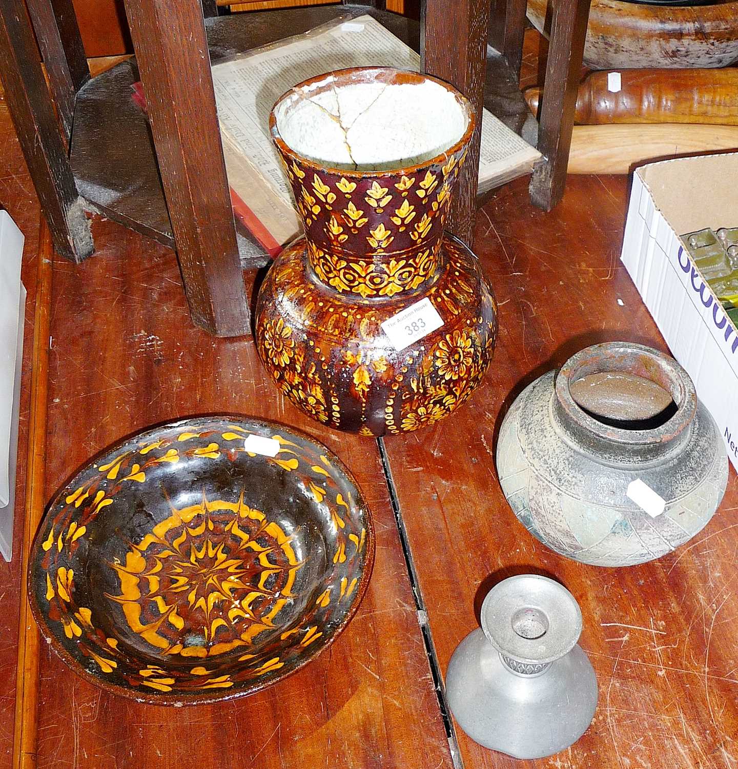 Bombay School of Art slipware vase A/F, similar slipware bowl, African pot and a Danish pewter