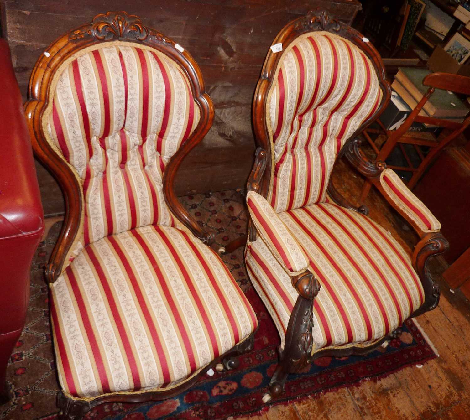 19th c. carved walnut gentleman's spoonback open armchair with padded back on cabriole legs together - Image 2 of 2