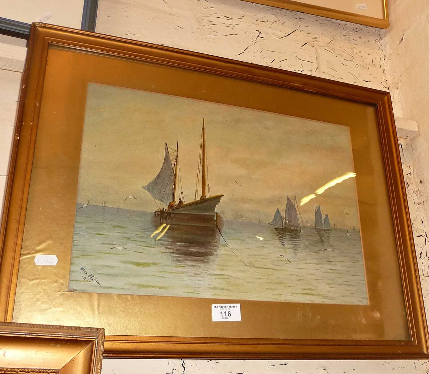 Early 20th c. marine watercolour signed Hilda Sheldon, dated 1910 - Image 2 of 2