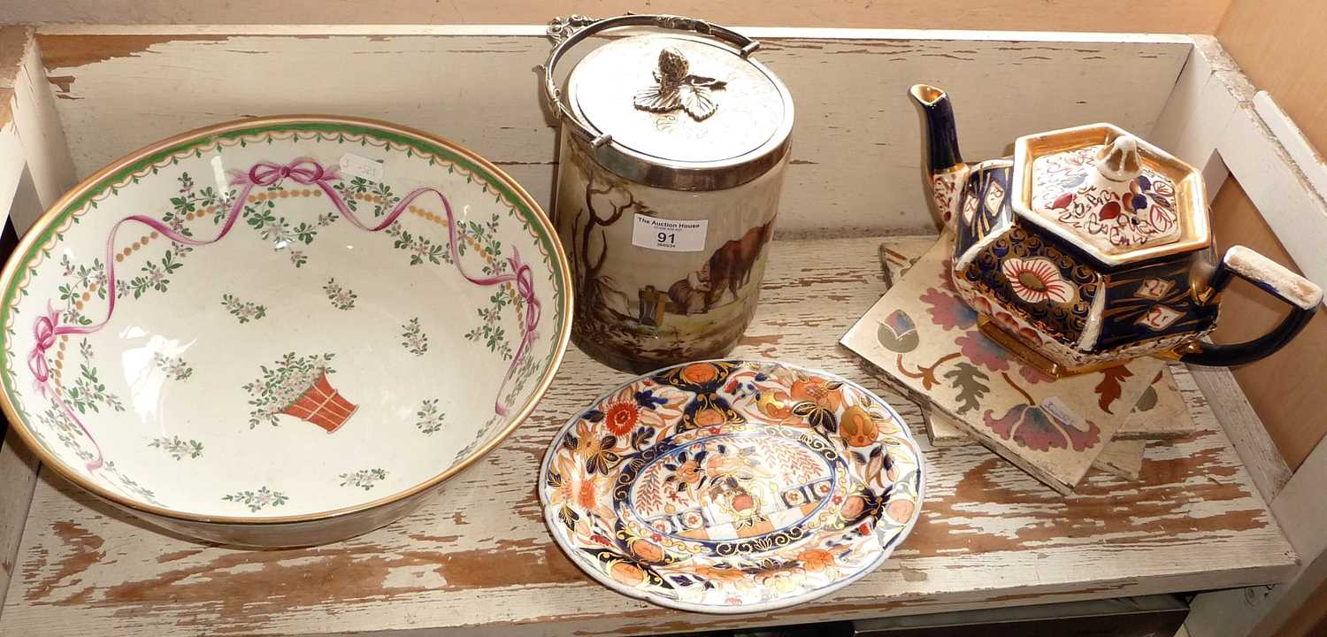 Victorian painted glass biscuit barrel with silver plated lid & handle, large china bowl, Imari dish