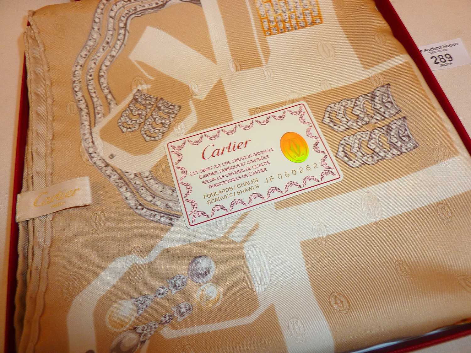 Authentic Cartier silk scarf in box with warranty card. All in an excellent condition, with a - Image 5 of 6