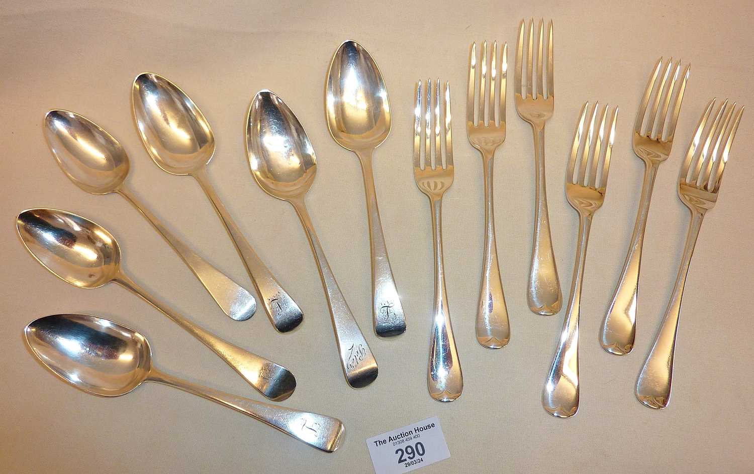 Sets of 6 of each silver dessert forks and spoons. George III spoons hallmarked for London 1810,