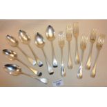 Sets of 6 of each silver dessert forks and spoons. George III spoons hallmarked for London 1810,