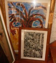 Large contemporary watercolour of an abstract tree in rustic frame, and an abstract linocut print