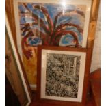 Large contemporary watercolour of an abstract tree in rustic frame, and an abstract linocut print