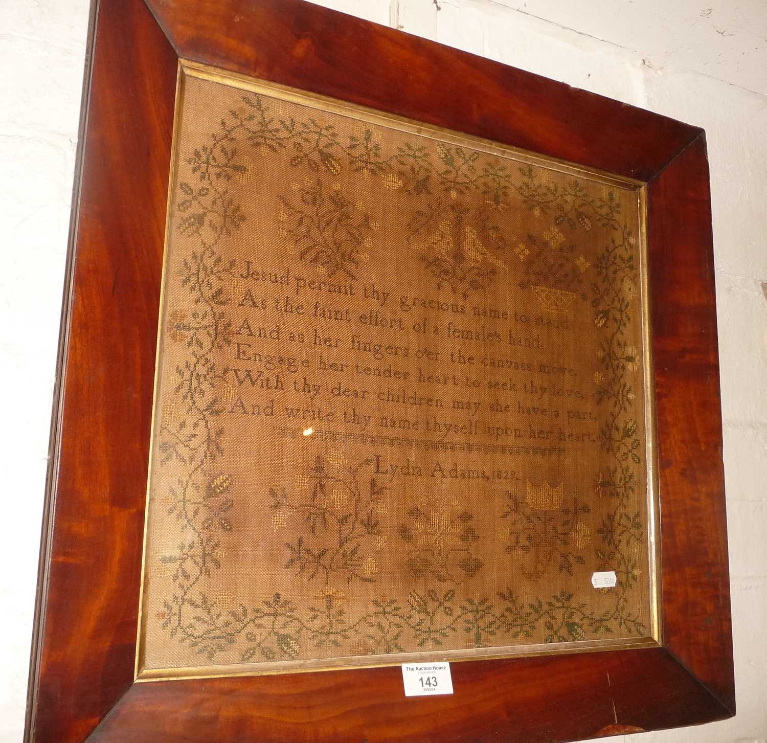 19th c. sampler by Lydia Adams 1829 in flame mahogany frame, 21" x 20"