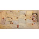 Postal History: Old envelopes, letters, some with Penny Red stamps and wax seals, etc.