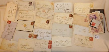 Postal History: Old envelopes, letters, some with Penny Red stamps and wax seals, etc.