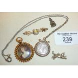 Antique jewellery, yellow metal coin mount and photo pendant, 9ct scrap gold brooch etc.