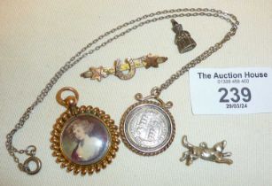 Antique jewellery, yellow metal coin mount and photo pendant, 9ct scrap gold brooch etc.