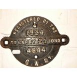 Great Western Railway iron wagon plate - 21 tons, 1934 No. 3844