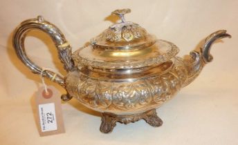 William IV silver teapot with repousse foliate design. Hallmarked for London 1833, maker Robert