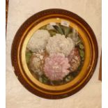 Round gilt frame with watercolour of peonies or chrysanthemums