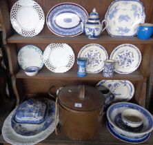 Assorted blue & white china, inc.2 white Mintons ribbon plates (some chips), and a copper tea urn