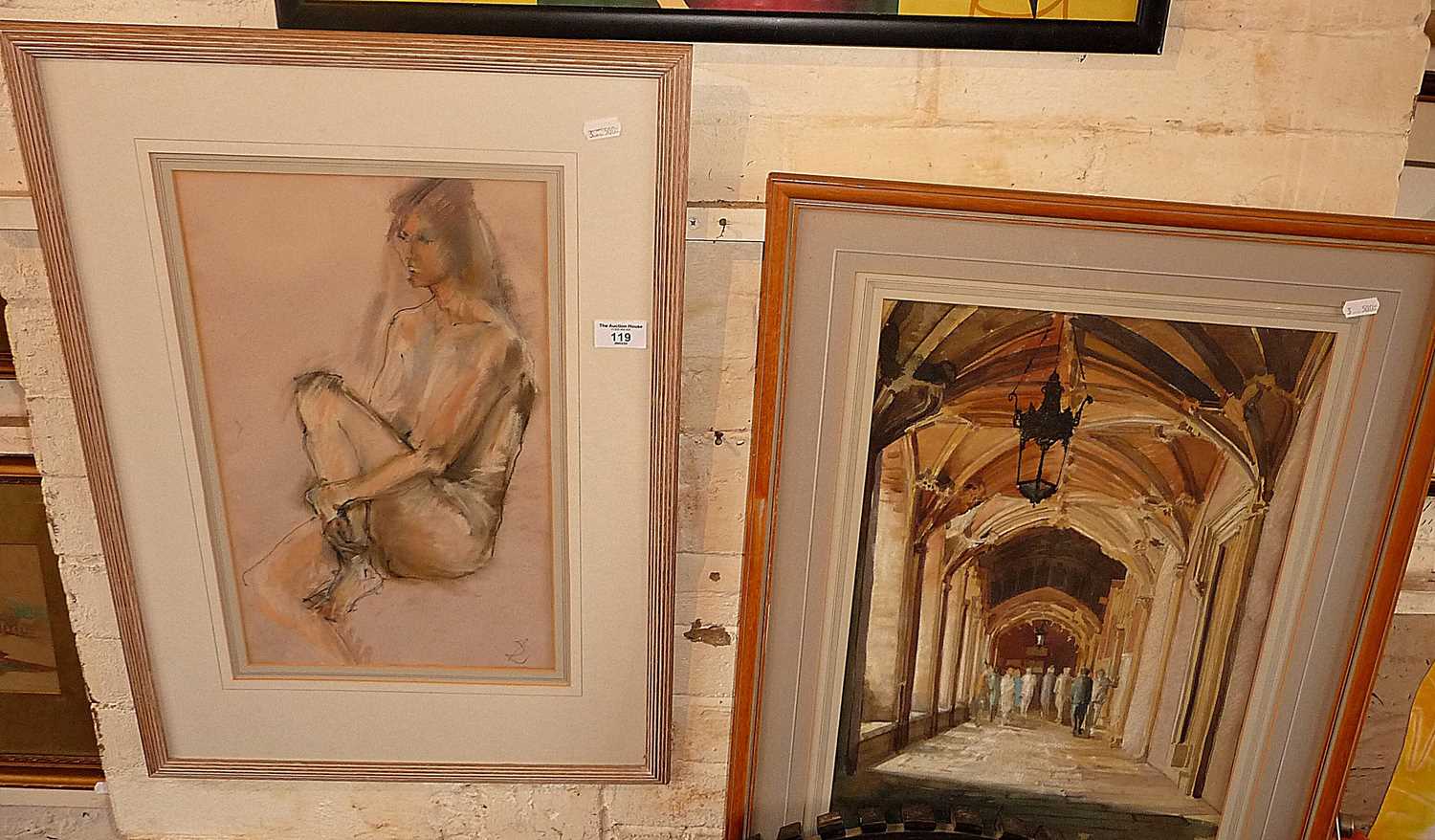 A graphite & chalk life study of a seated girl, and a watercolour of cloisters with people, monogram - Image 2 of 2
