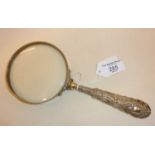 Large Victorian magnifying glass with hallmarked silver handle, approx 10cm dia