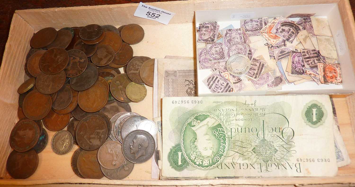 Assorted QV loose stamps, copper coins & banknotes