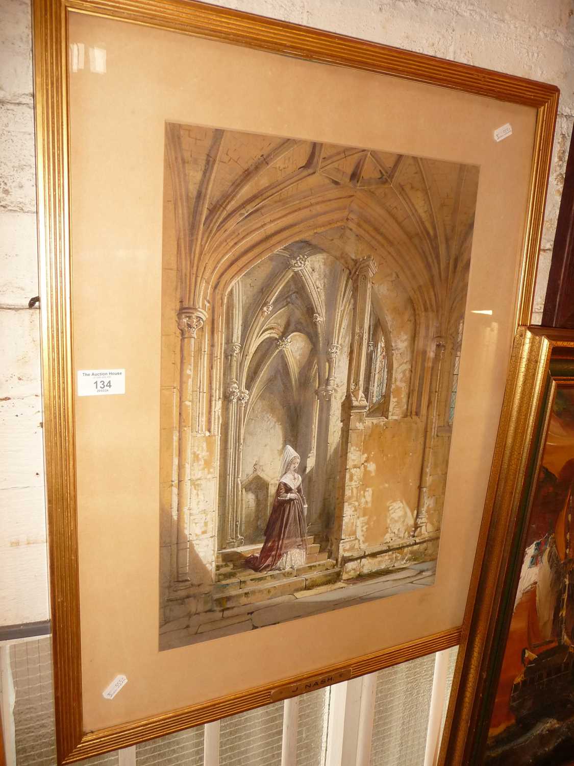 Joseph NASH (1808-1878) watercolour of a lady in medieval dress standing on cathedral steps - Image 2 of 2