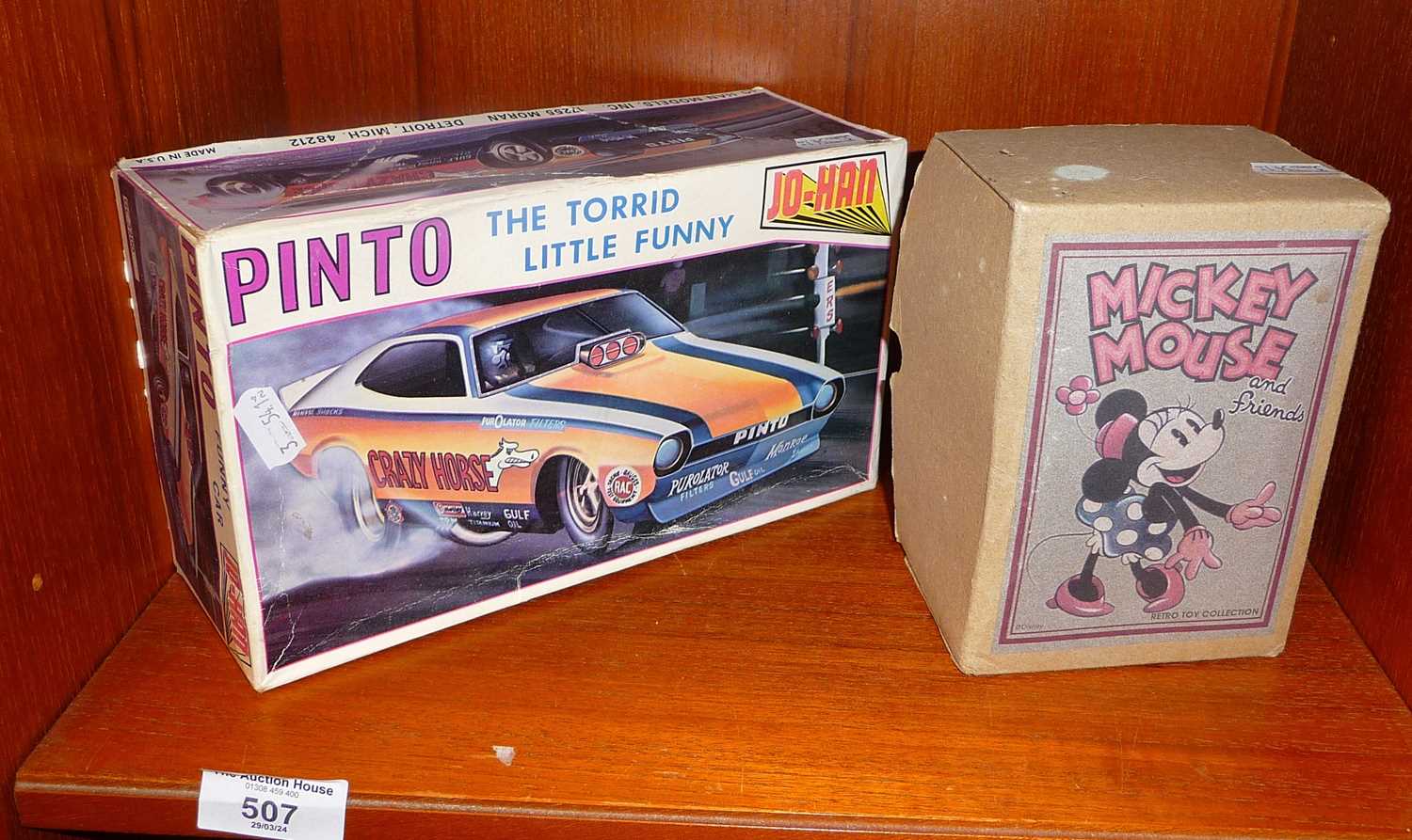 Pinto Johan Torrid Little Funny Car model kit in box, and a contemporary tinplate boxed Minnie - Image 4 of 4