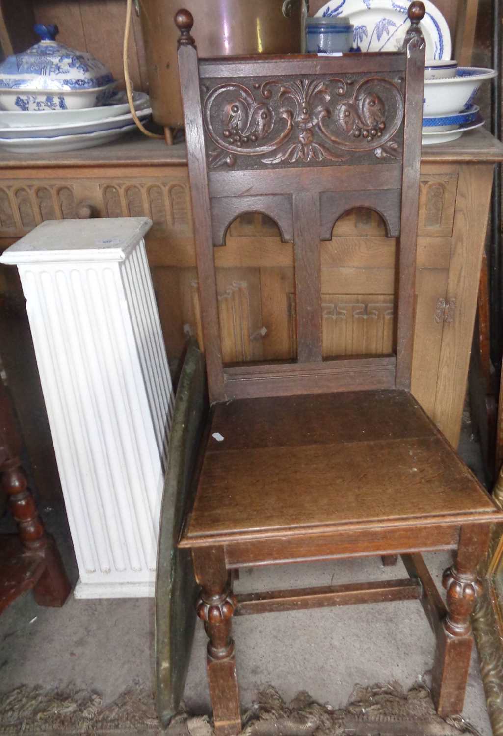 Victorian carved oak hall chair (A/F), Middle Eastern brass tray, an oak side table with drawer, and