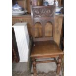 Victorian carved oak hall chair (A/F), Middle Eastern brass tray, an oak side table with drawer, and