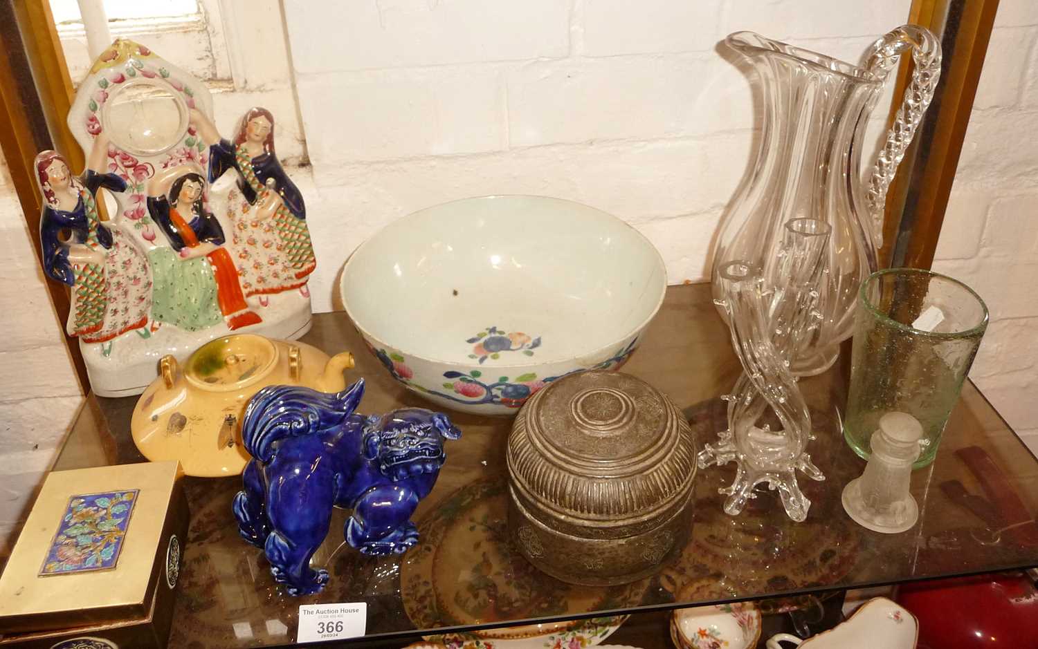 Chinese dog of Fo, Chinese bowl (A/F) and other items inc. glassware