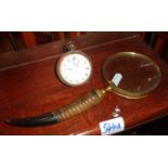 Horn handled magnifying glass and a glass ball desk clock