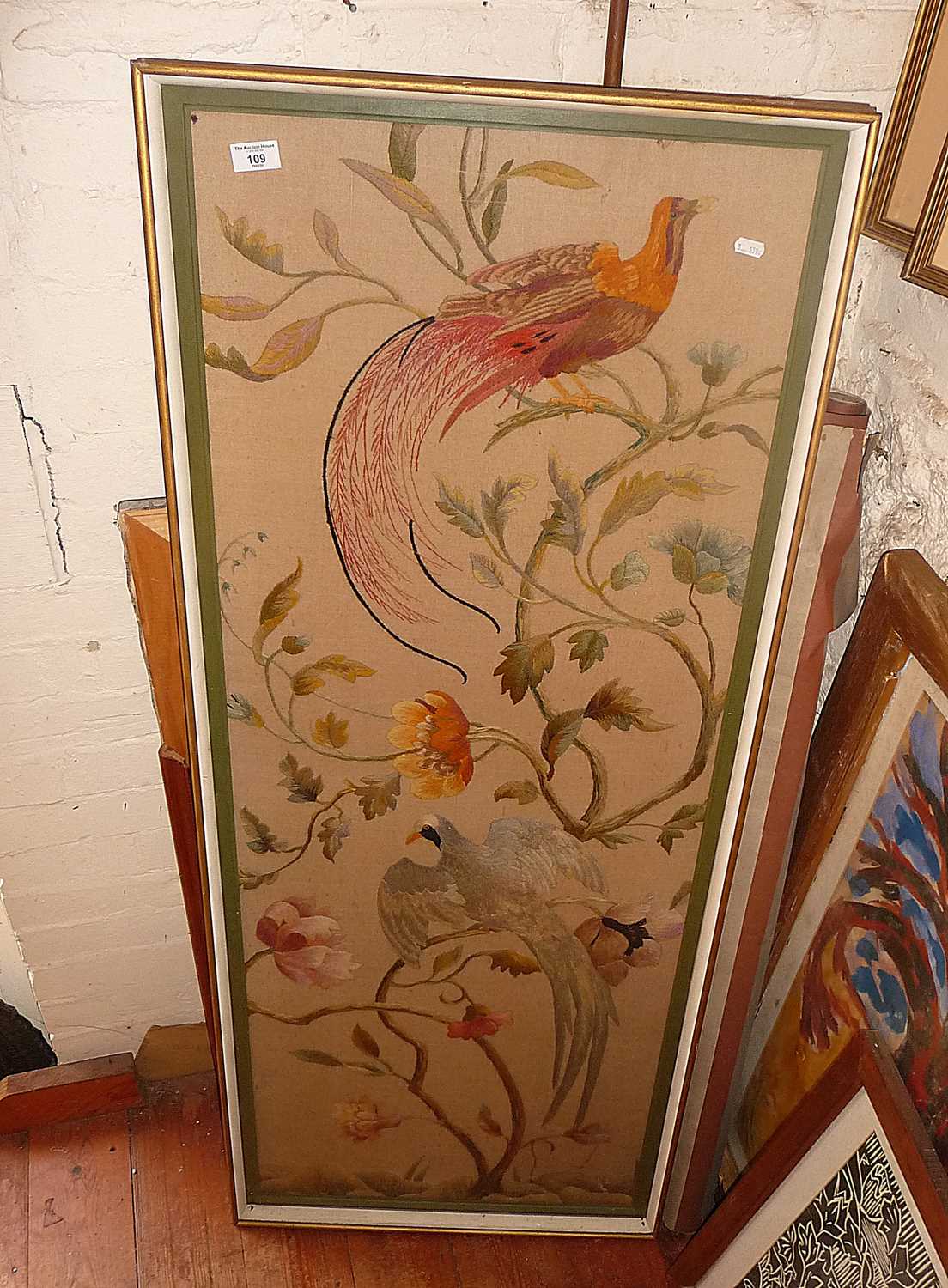 Large woolwork picture of a Bird of Paradise and a Parrot on foliage, 56" x 23" - Image 2 of 2