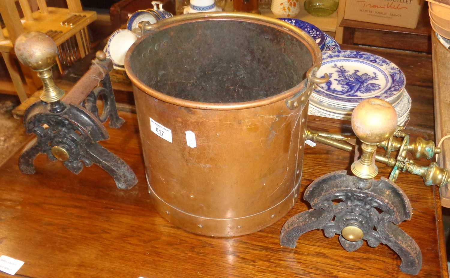 Copper bucket, Victorian brass & iron fire dogs with fire irons