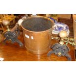 Copper bucket, Victorian brass & iron fire dogs with fire irons