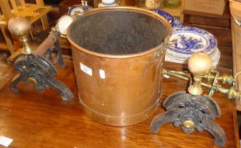 Copper bucket, Victorian brass & iron fire dogs with fire irons