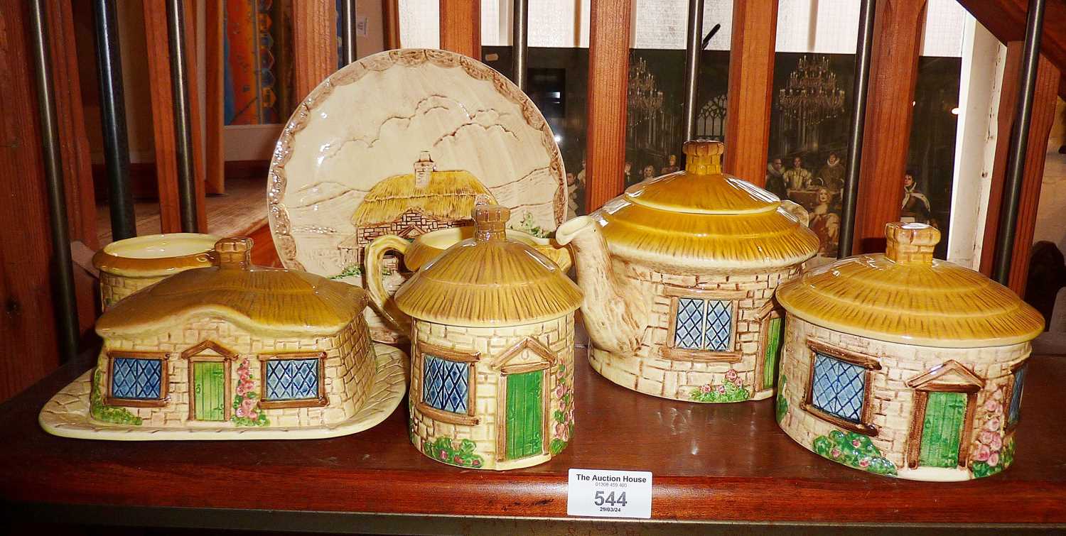 Sylvac Cottage Ware teapot (A/F), jam pot, butter dish, sugar bowl, etc.