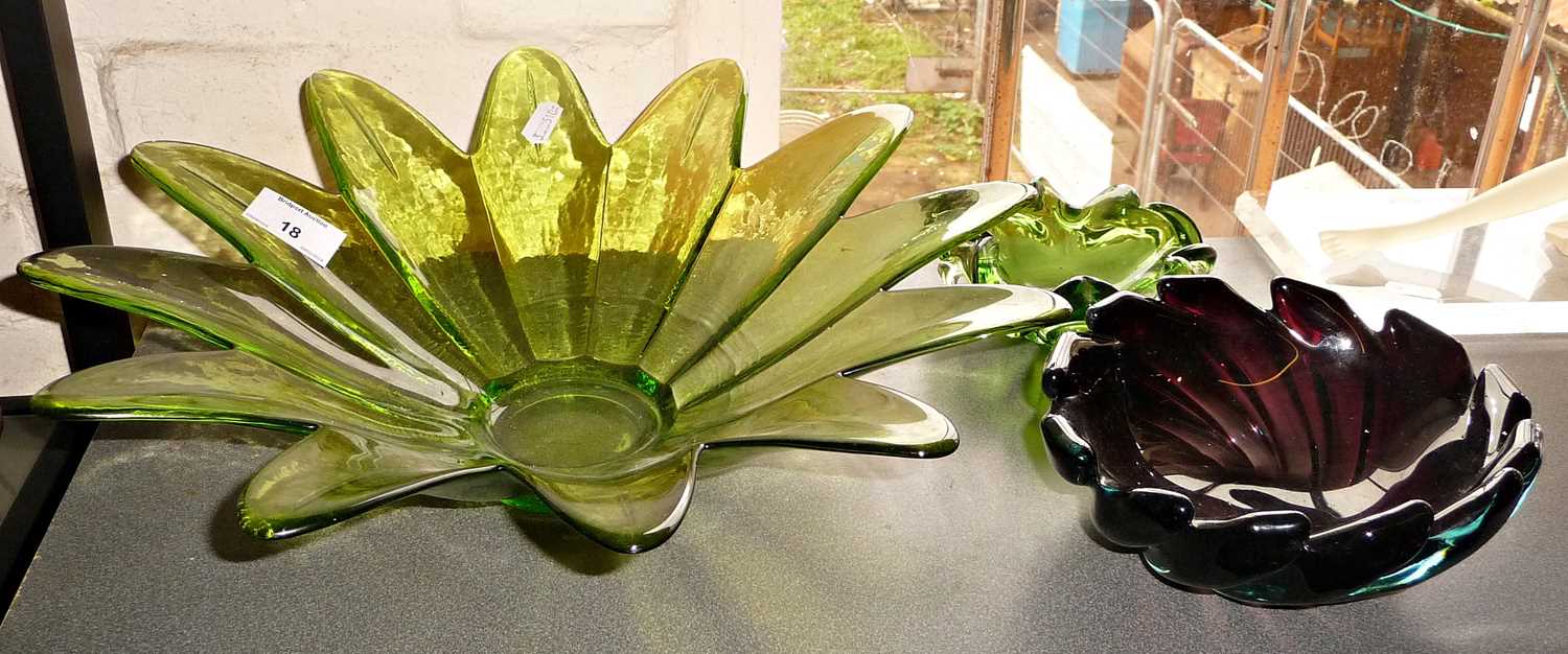 Mid-century glass fruit bowl, a similar bowl and an ashtray