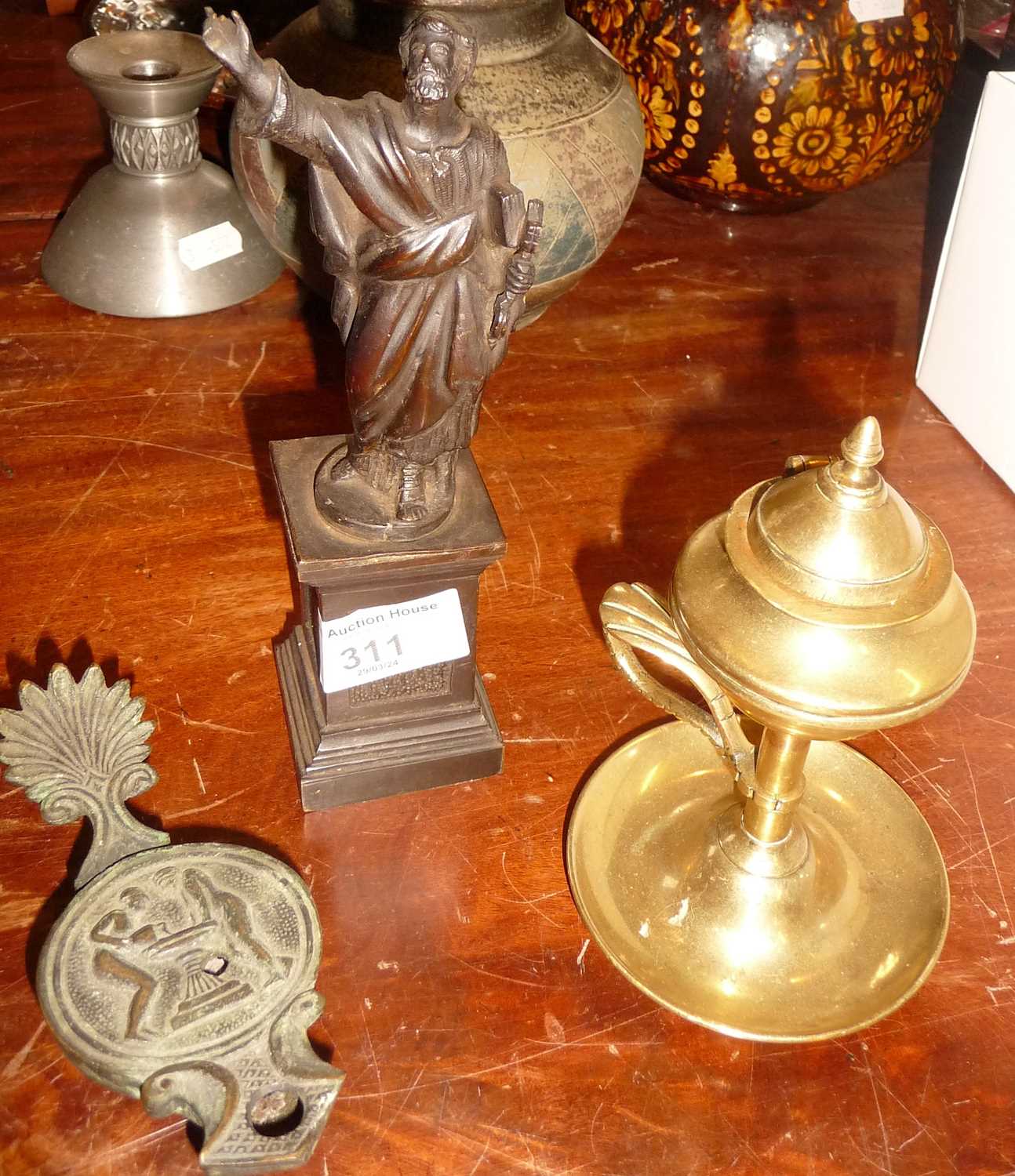 Grand Tour bronze statue of a Roman senator, 18cm, a bronze spirit lamp and a brass spirit