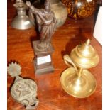 Grand Tour bronze statue of a Roman senator, 18cm, a bronze spirit lamp and a brass spirit