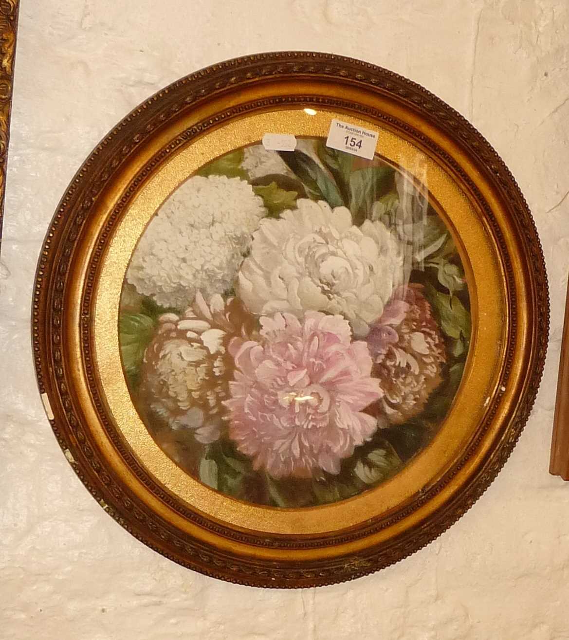 Round gilt frame with watercolour of peonies or chrysanthemums - Image 2 of 2