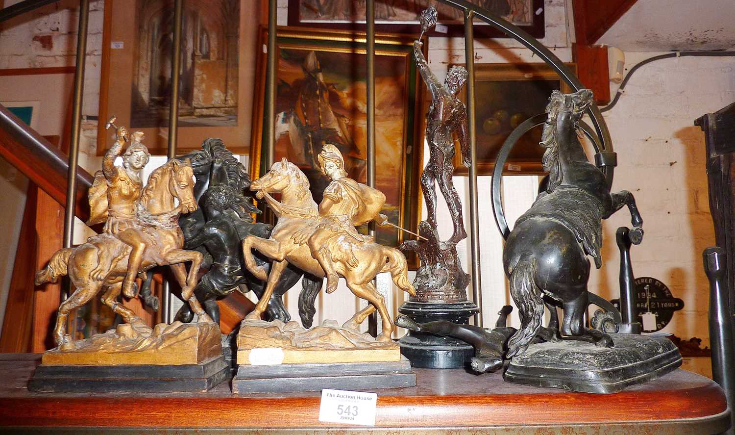 Pair of spelter Marley horses (A/F), a pair of mounted Roman gladiators and another spelter figure - Image 2 of 2