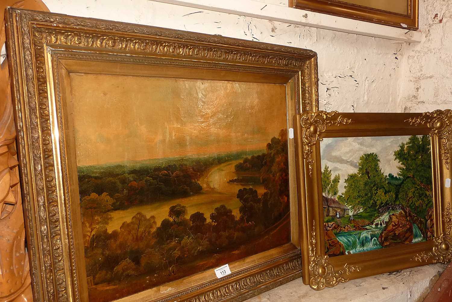Victorian oil landscape on canvas in gilt frame, and a later similar oil on board - Image 2 of 2