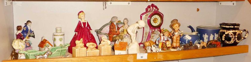 Royal Doulton figure of a girl on a rock, Hummel figures, Sylvac dog cruet set and other pottery