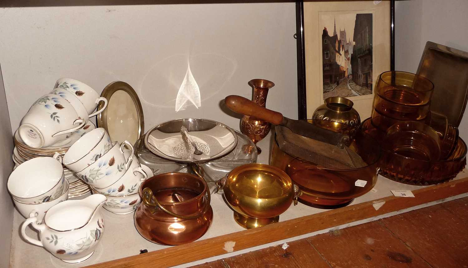 Assorted glass & china with an antique tobacco guillotine