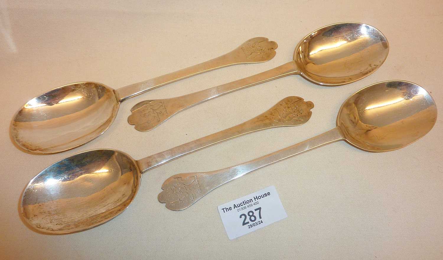 James II or Charles II rare set of four silver trefid dog nose spoons, hallmarks rubbed, approx - Image 3 of 4