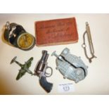 Old Measures Bros advertising needle case, LONE STAR toy time bomb, Bezard military compass, Acme