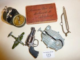 Old Measures Bros advertising needle case, LONE STAR toy time bomb, Bezard military compass, Acme