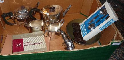 Silver plated tea set, teapot and assorted cutlery and sugar sifter