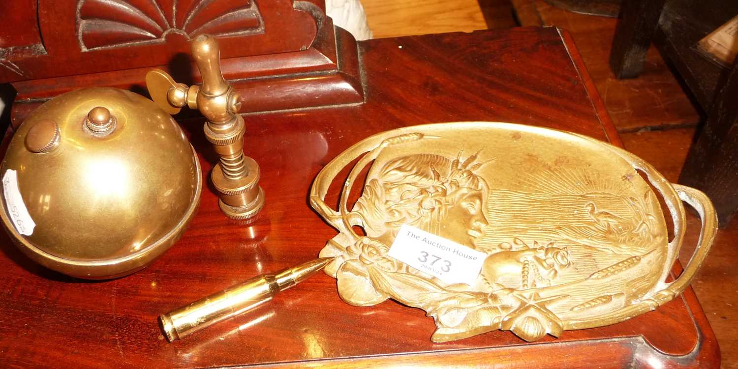 Art Nouveau style brass pin tray, a brass spigot tap, etc.