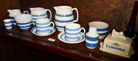 blue and white striped Cornish table ware and a Murano Sommerso art glass vase (one shelf)