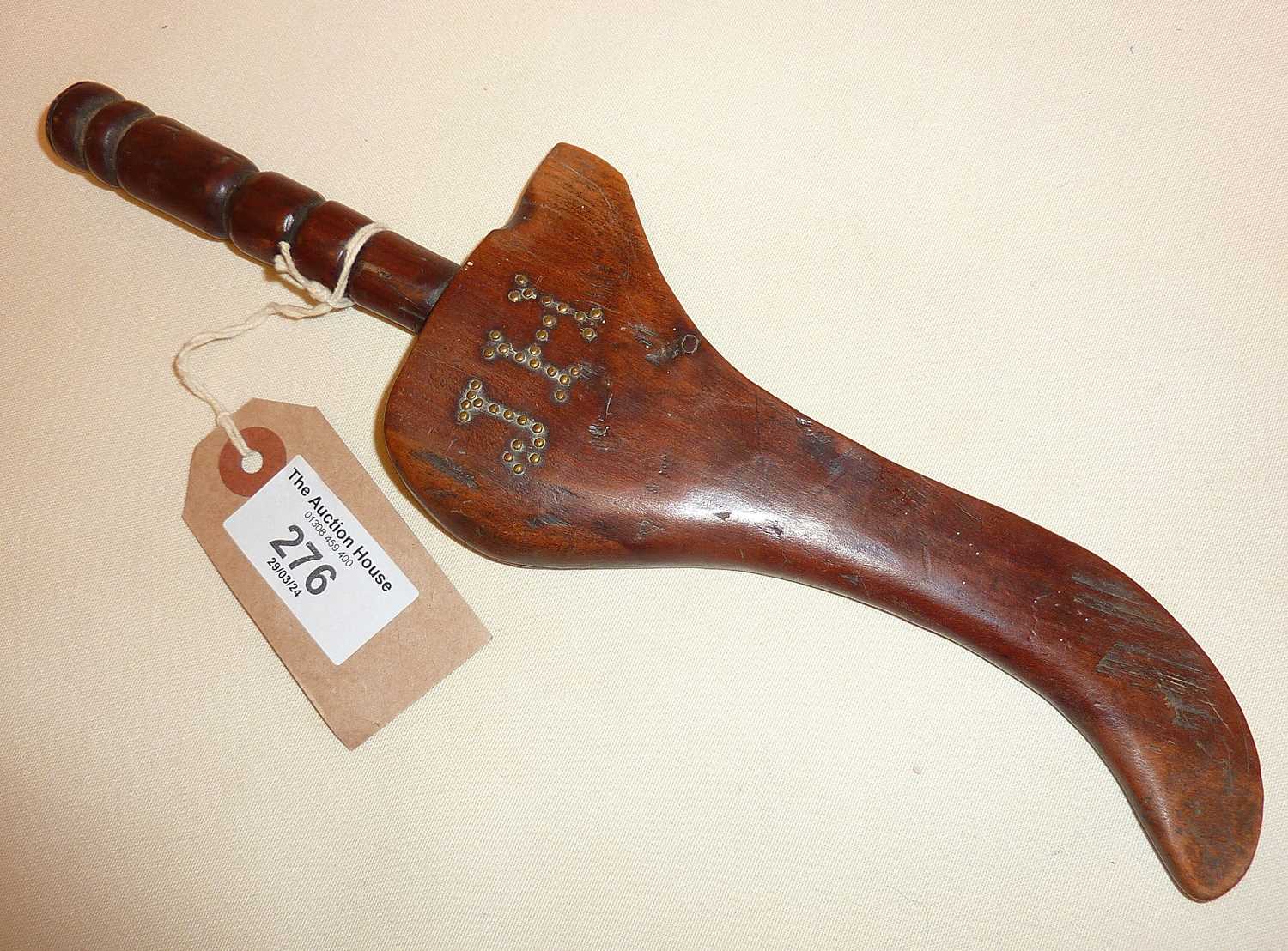 Antique treen fruitwood goose wing knitting sheath decorated with initials I.H., approx. 27cm long - Image 2 of 2