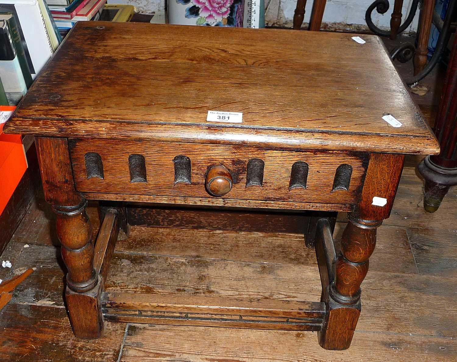 Oak joint stool with drawer on turned legs